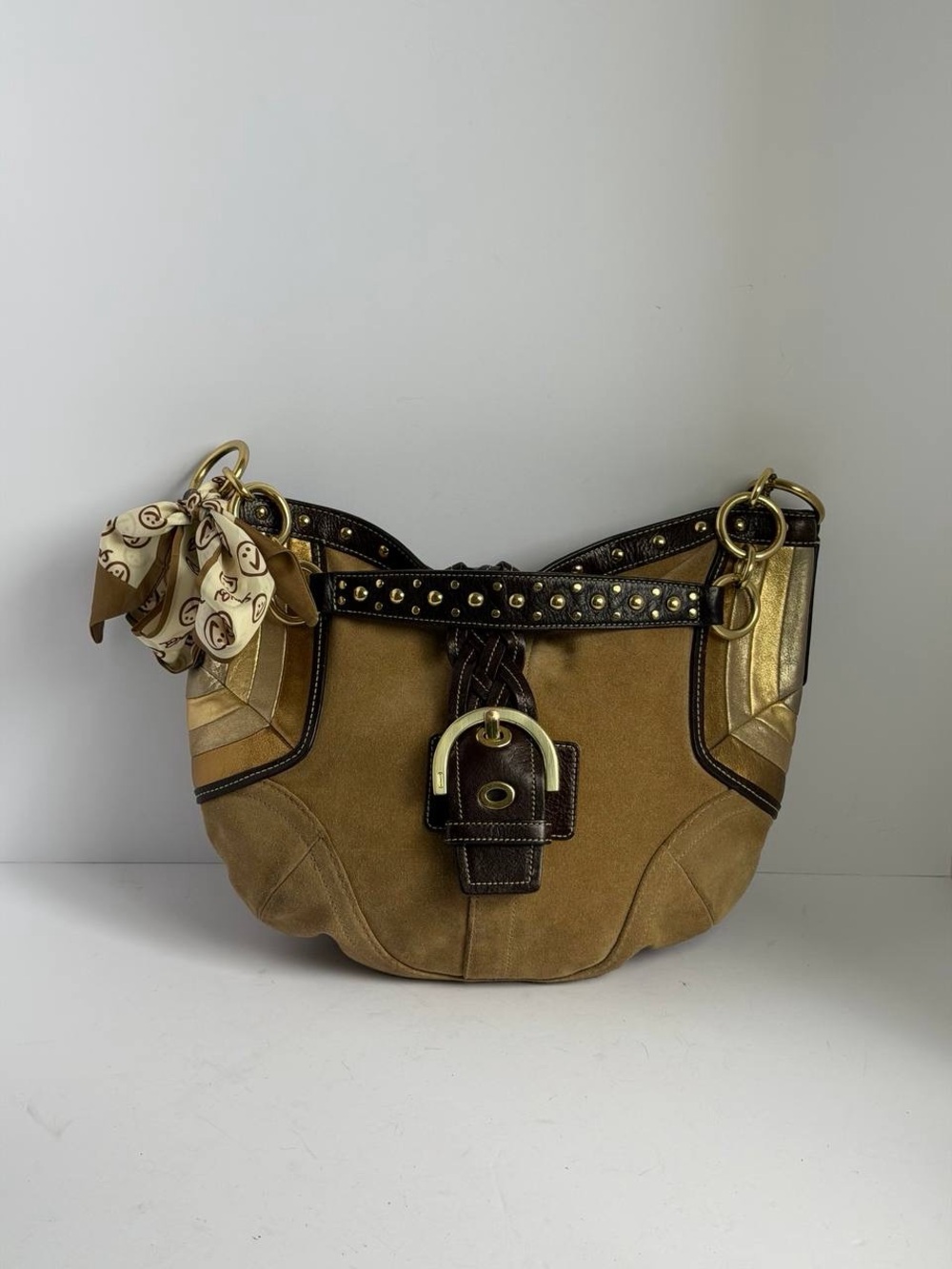 Coach Y2K Maggie Brass Studs/Metallic Gold Detail Brown Suede Hobo Bag